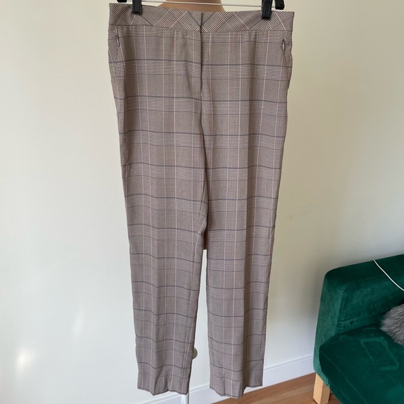 Akris Wool Plaid Taupe Multicolor Zipper Pocket High Rise Ankle Pant EUC Size 6